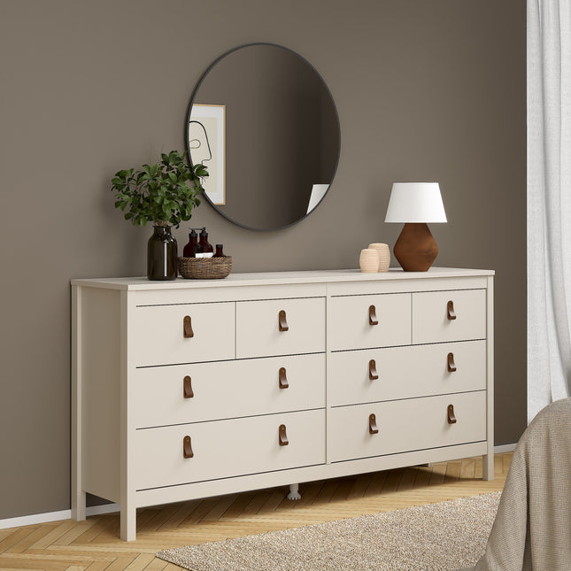 Double dresser with four large and four small drawers, finished in light beige with leather pull handles
