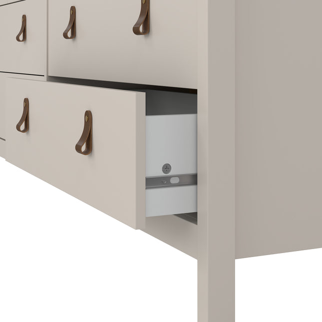 Double dresser with four large drawers and four smaller drawers, featuring leather strap handles in a soft beige finish