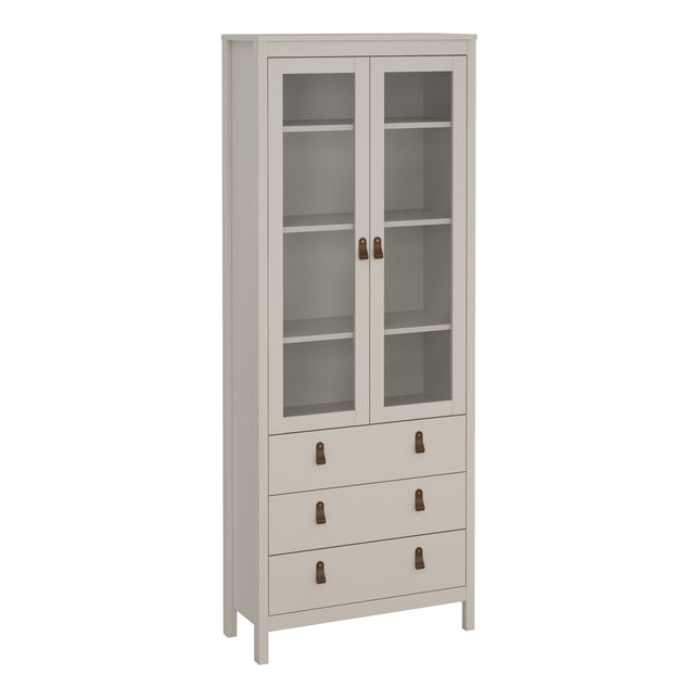 Tall cabinet with two glass doors, three drawers below, and a light grey finish. Features bronze handles and four
