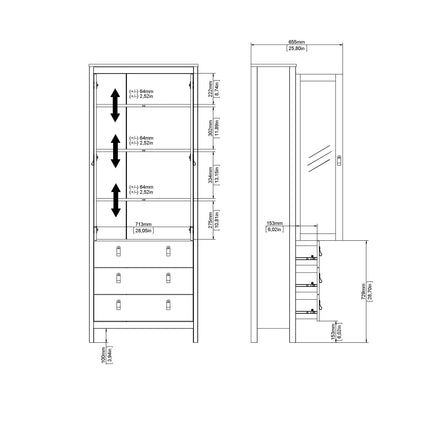 Tall cabinet with three drawers at the bottom, two glass-fronted shelves above, and a mirrored back panel