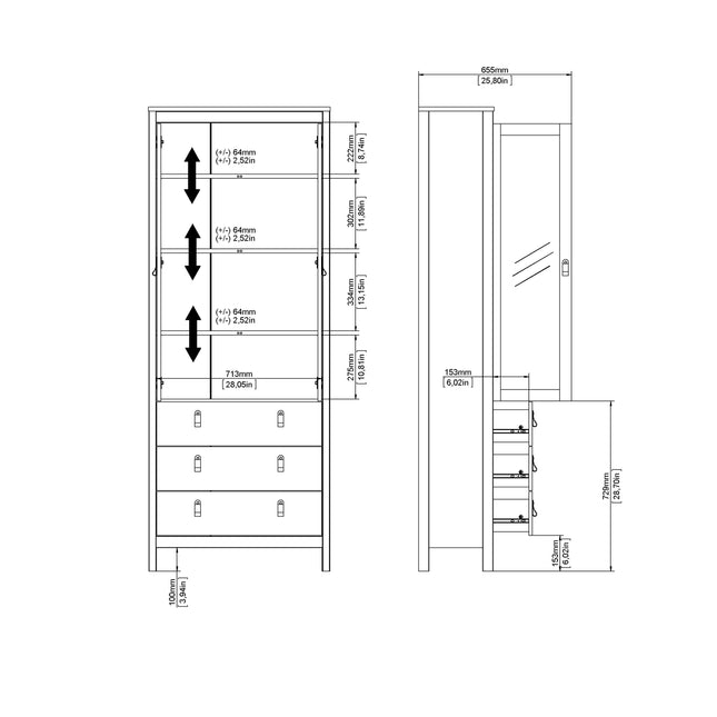 Tall cabinet with three drawers at the bottom, two glass-fronted shelves above, and a mirrored back panel