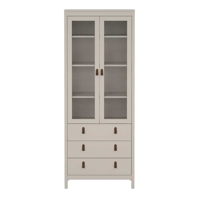 Tall cabinet with two glass doors, three drawers at the bottom, and a light grey finish with bronze handles