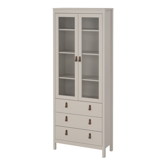 Tall cabinet with two glass doors, three drawers at the base, and a light grey finish with bronze handles