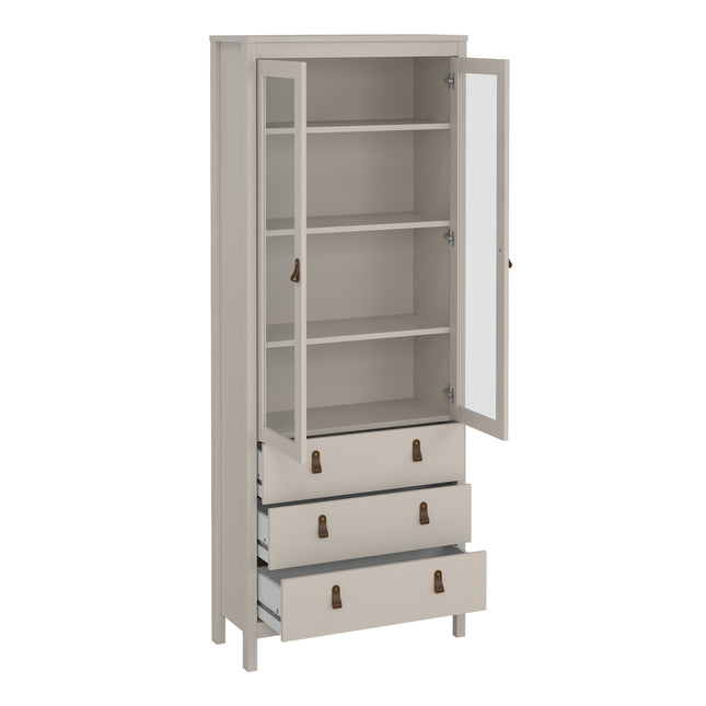 Tall cabinet with two glass doors, three open shelves, and three drawers at the bottom, finished in light grey
