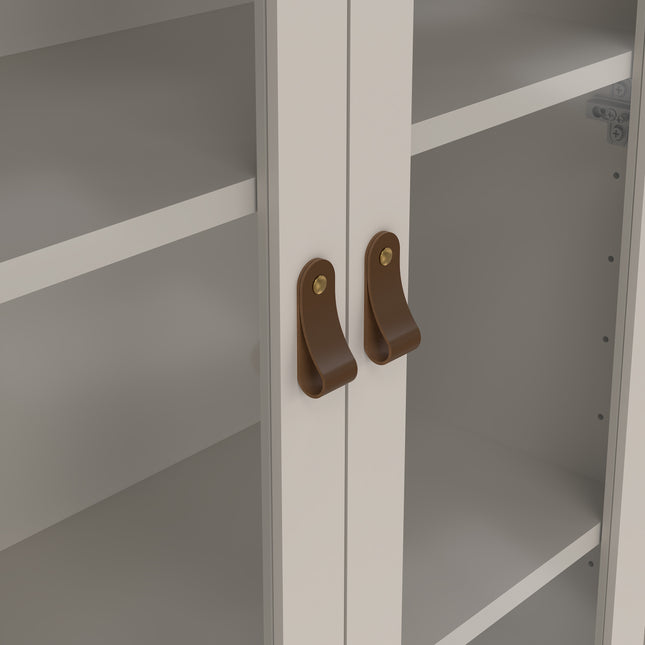 Cabinet with two doors featuring brown leather handles and open shelves inside, finished in a light colour