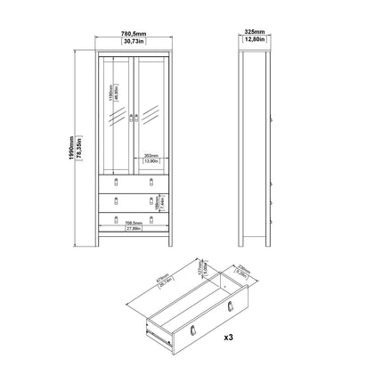 Tall cabinet with two glass doors, three drawers below, and a wooden finish in light colour