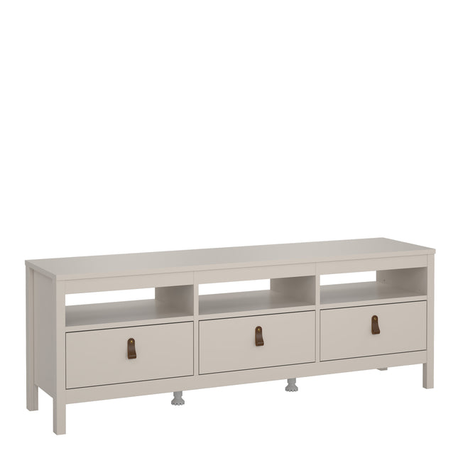 Long TV unit with three drawers and open shelves, finished in light grey with leather strap handles