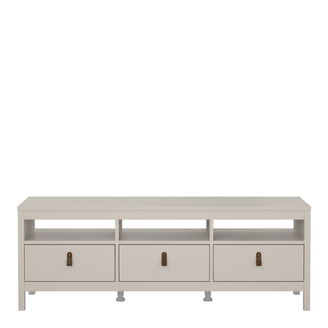 Low TV unit with three drawers and open shelving, finished in light grey with brown leather handles