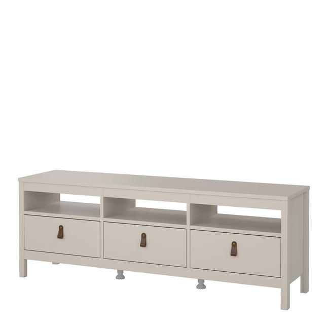 Long TV unit with three drawers featuring leather handles and open shelves, finished in a soft cream colour