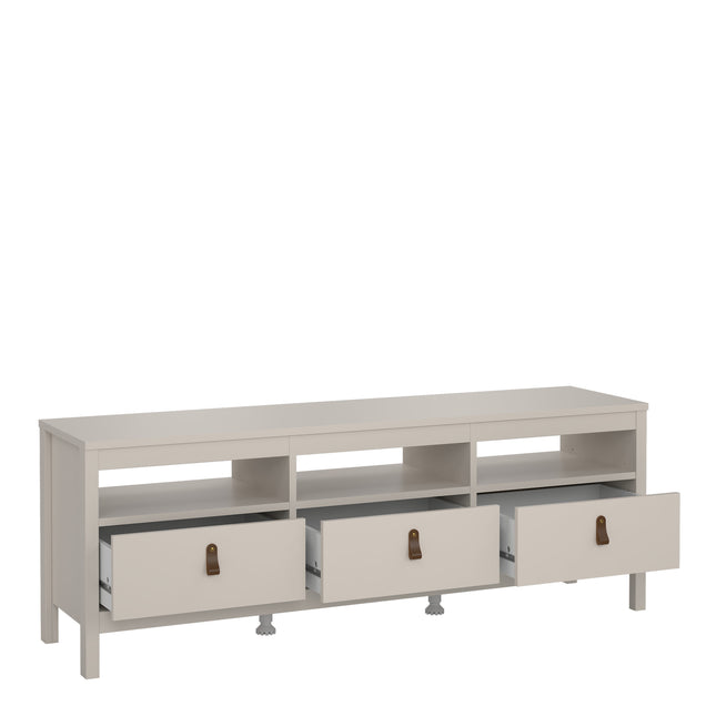 Low TV unit with three spacious drawers featuring leather pull handles, finished in a soft beige colour