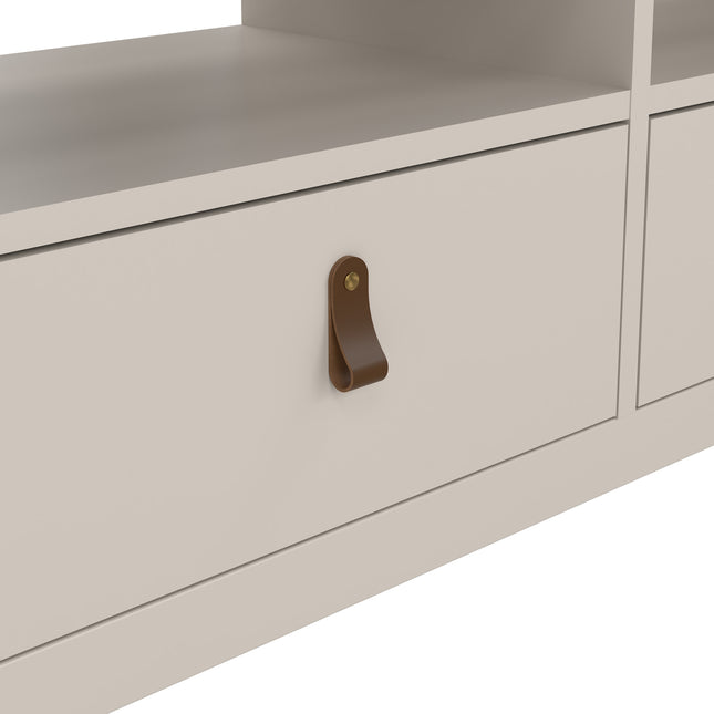 Light-coloured TV unit with three drawers, featuring a brown leather handle and a smooth, minimalist design