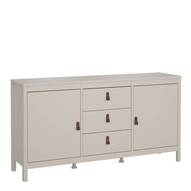 Sideboard with two doors and three drawers, featuring a light grey finish and brown leather handles