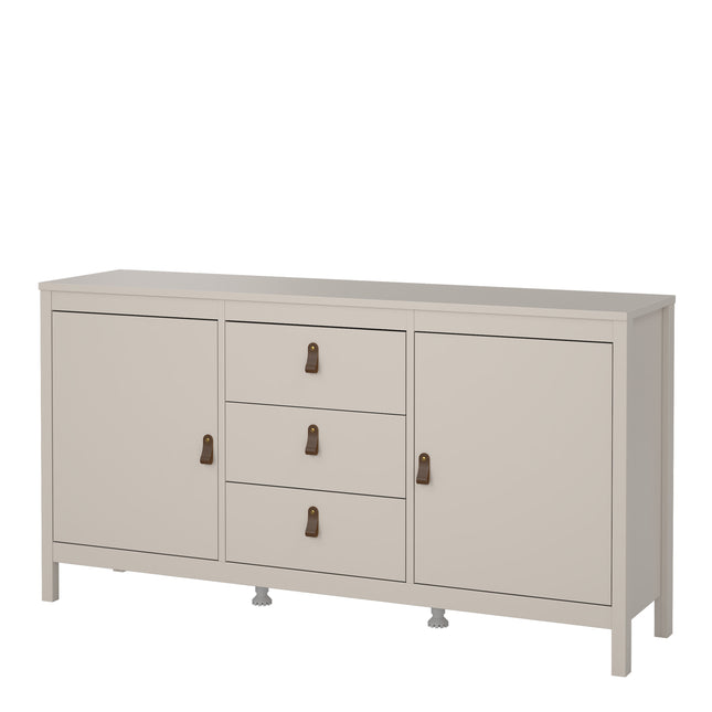 Sideboard with two doors and three drawers, featuring a smooth light grey finish and brown leather handles
