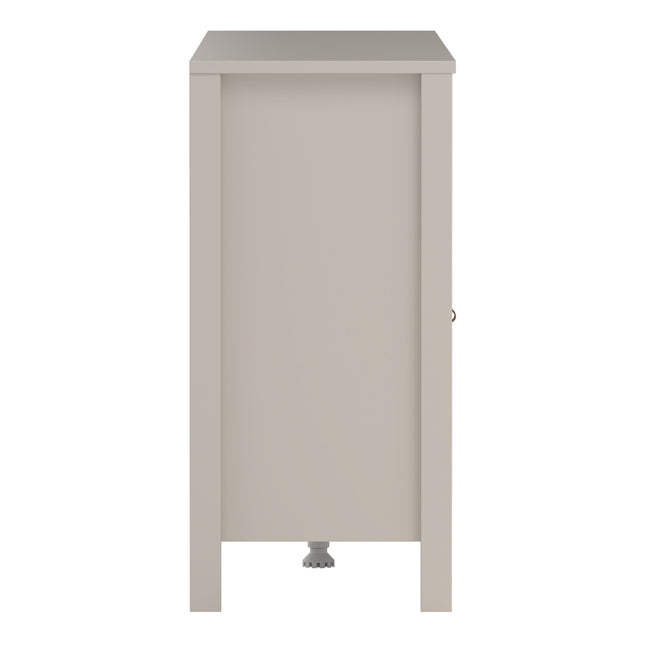 Tall sideboard with two doors and three drawers, featuring a smooth grey finish and simple metal handles