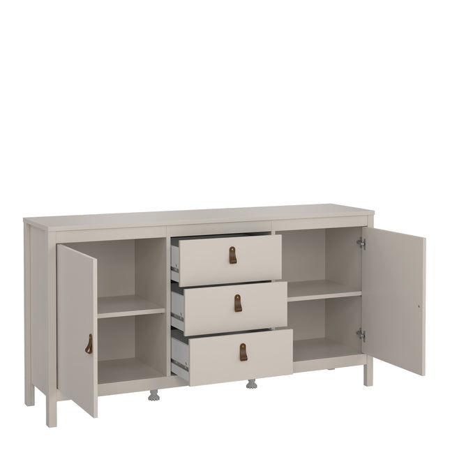 Sideboard with two doors and three drawers, featuring a light beige finish and leather pull handles