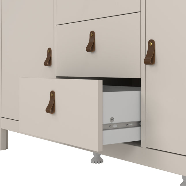 Sideboard with two doors and three drawers, featuring leather handles and a light beige finish