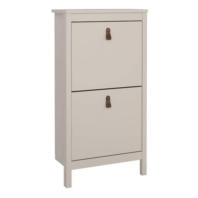 Tall cabinet with two flap doors, featuring brown leather handles and a smooth light grey finish