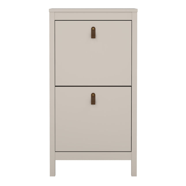 Tall cabinet with two flap doors, featuring brown leather handles and a smooth light grey finish