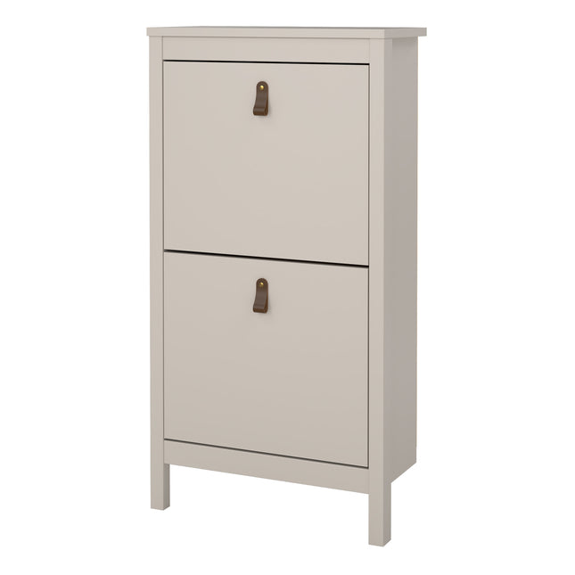 Cabinet with two flap doors, featuring brown leather handles, in a soft grey finish