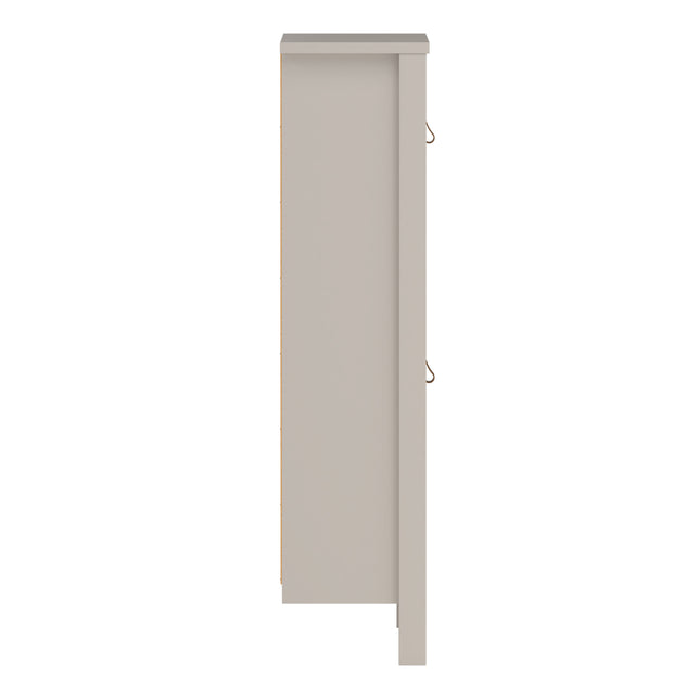 Narrow cabinet with two flap doors, finished in a soft grey tone, featuring a simple, clean design
