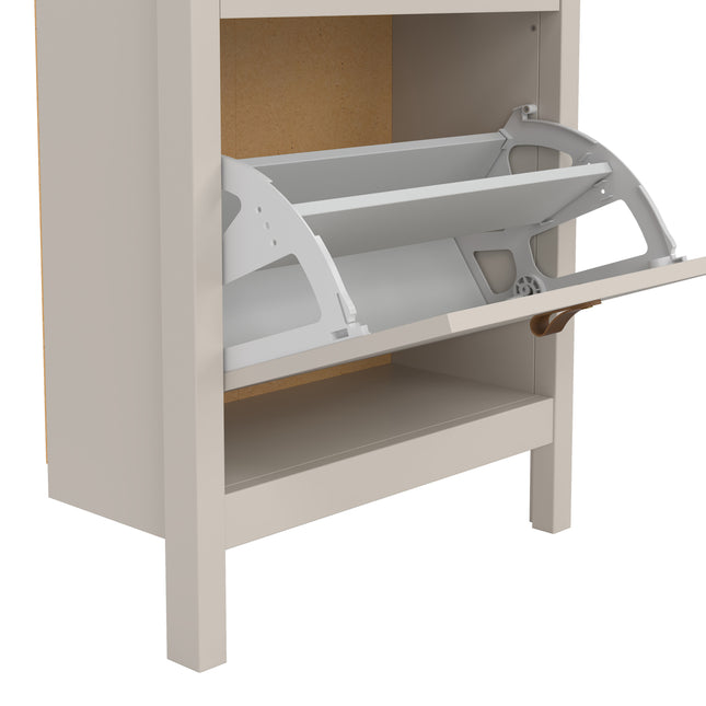 Cabinet with two flap doors, featuring a light grey finish and a spacious interior for shoe storage