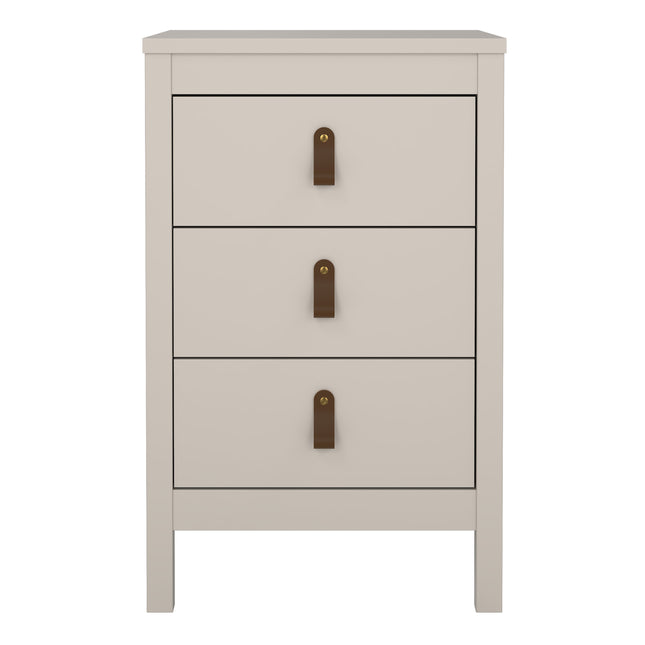 Three-drawer bedside table in light grey with leather pull handles and a smooth top surface