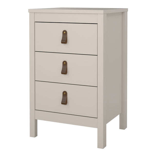 Three-drawer bedside table in light grey with leather strap handles and a smooth top surface