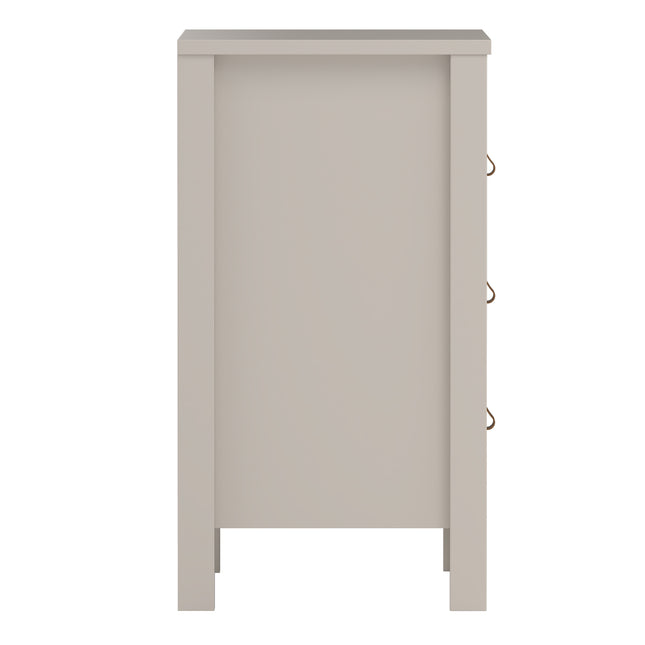 Tall bedside table with three drawers, featuring a smooth surface and simple bronze handles, in a soft beige finish