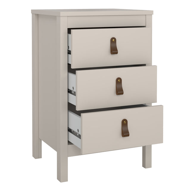 Three-drawer bedside table in light grey with brown leather pull handles and a smooth top surface