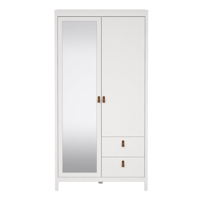 Wardrobe with one solid door, one mirrored door, and two drawers, finished in white with wooden handles