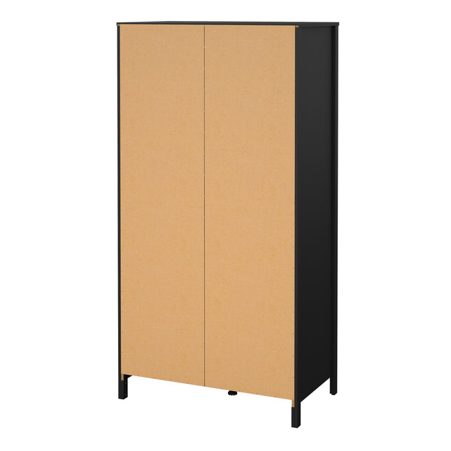 Wardrobe with one solid door and one mirrored door, featuring two drawers at the bottom, in a black and light wood finish