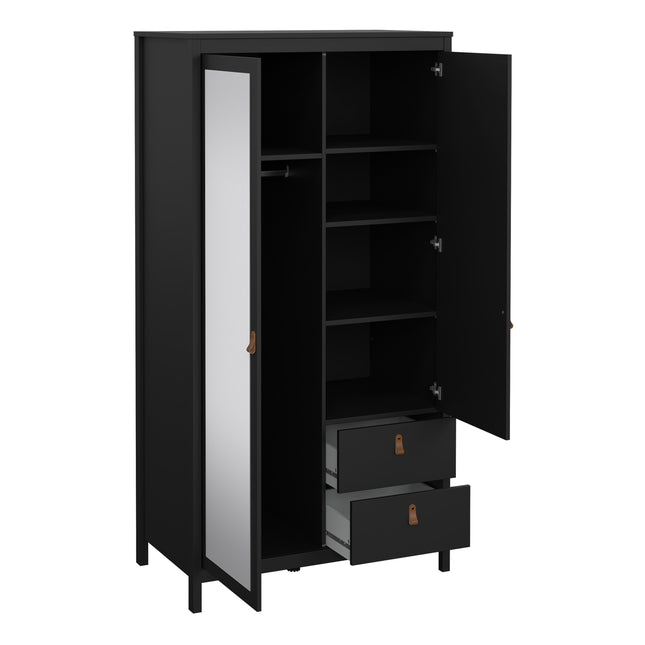 Wardrobe with one solid door and one mirrored door, featuring two drawers and multiple shelves inside, in black finish