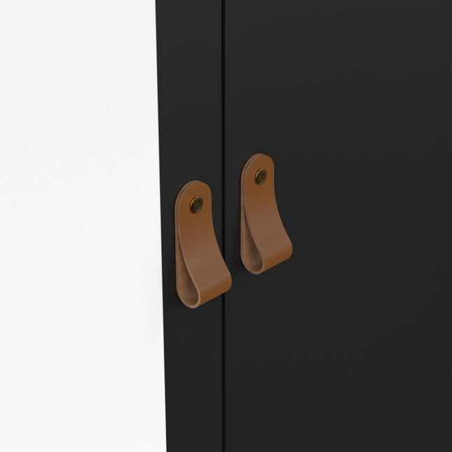 Two leather handles in tan on a black wardrobe door, featuring a sleek, minimalist design