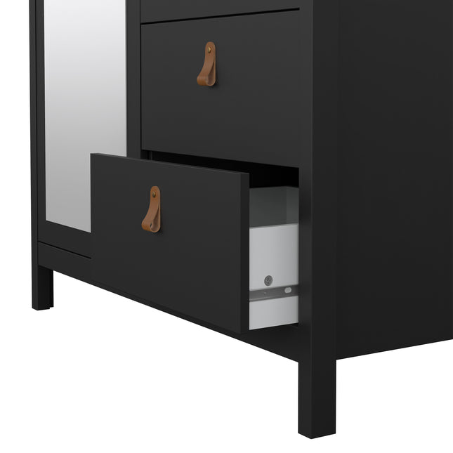 Wardrobe with a single door and a mirrored door, featuring two drawers with leather pull handles, in a black finish