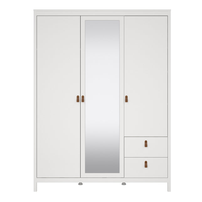 Wardrobe with two solid doors, one mirrored door, and two drawers, featuring wooden handles and a white finish