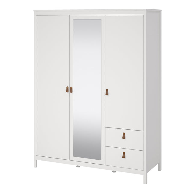 Wardrobe with two doors, one mirrored door, and two drawers, finished in white with brown handles