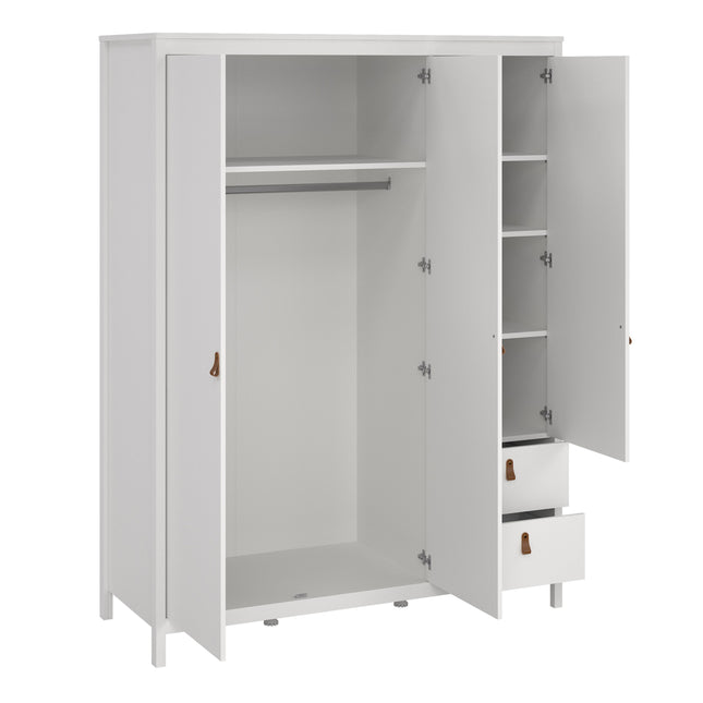 Wardrobe with two hinged doors, one mirrored door, two drawers, and internal shelving in white finish