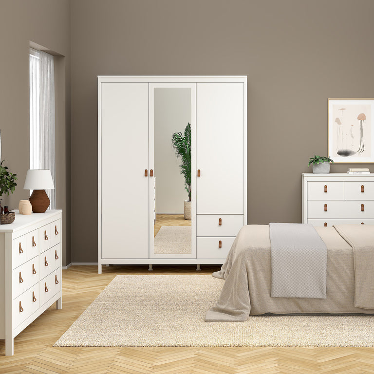 Wardrobe with two doors and one mirrored door, featuring two drawers and wooden handles, in a white finish