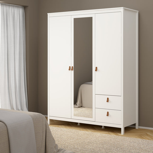 Wardrobe with two doors, one mirrored, and two drawers, featuring a white finish and brown leather handles