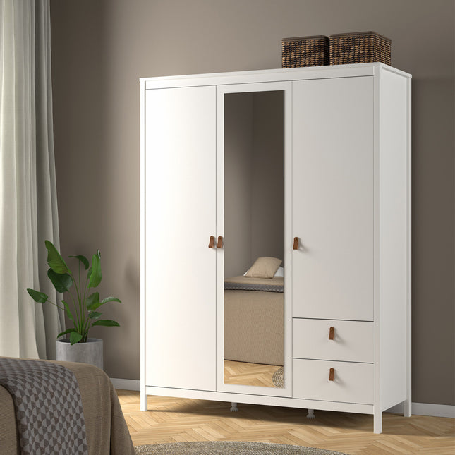 Wardrobe with two doors, one mirror door, and two drawers, finished in white with brown leather handles