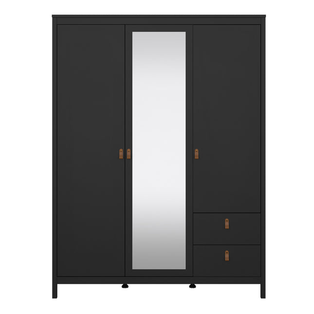 Wardrobe with two doors, one mirrored door, and two drawers, finished in black with bronze handles