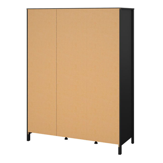 Wardrobe with two solid doors and a mirror door, featuring a sleek black frame and a light wood finish