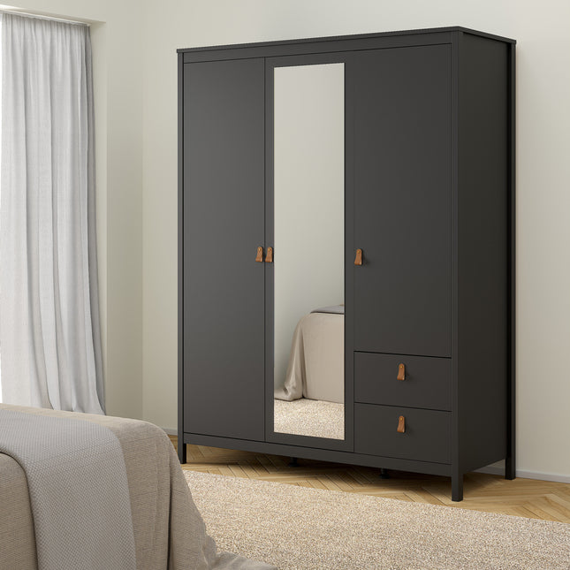 Wardrobe with two doors, one mirror door, and two drawers, finished in dark grey with wooden handles