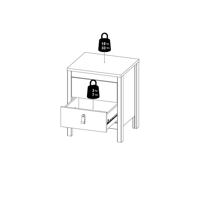 Bedside table with two drawers, featuring a flat top and straight legs, shown in a simple line drawing style