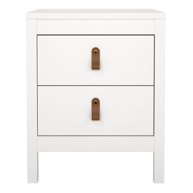 White bedside table with two drawers featuring brown leather strap handles. Simple, square design with straight legs