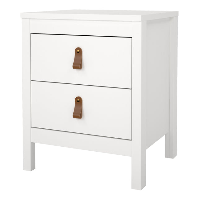 Square bedside table with two drawers, featuring leather pull handles and a smooth white finish