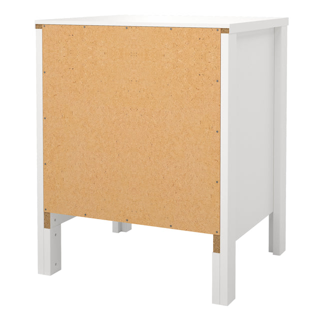 Square bedside table with two drawers, featuring a white finish and a natural wood back panel