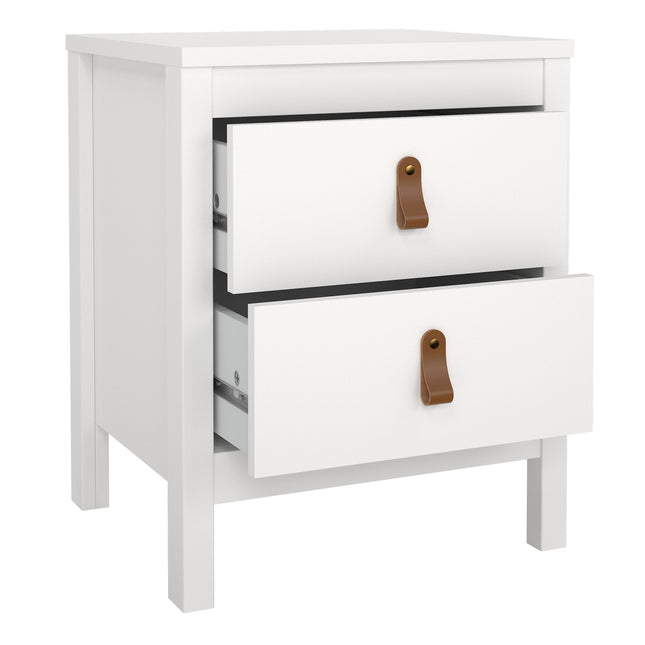 Square bedside table with two drawers, featuring leather pull handles and a smooth white finish