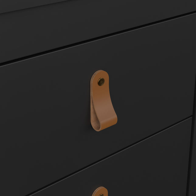 Close-up of a black drawer with a tan leather handle featuring a brass stud