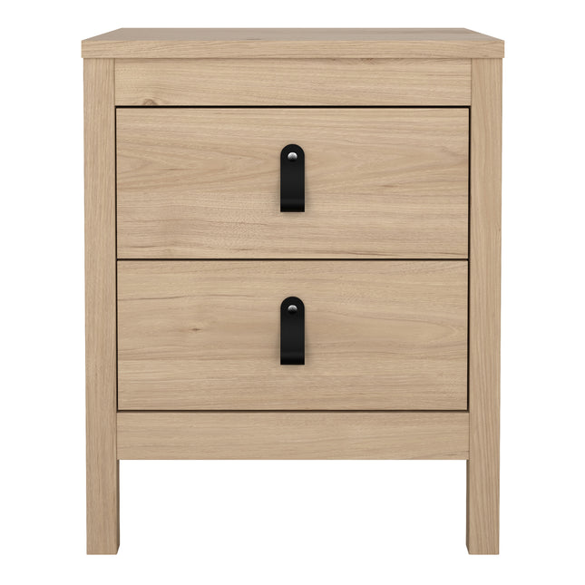 Square bedside table with two drawers, light wood finish, featuring black metal handles